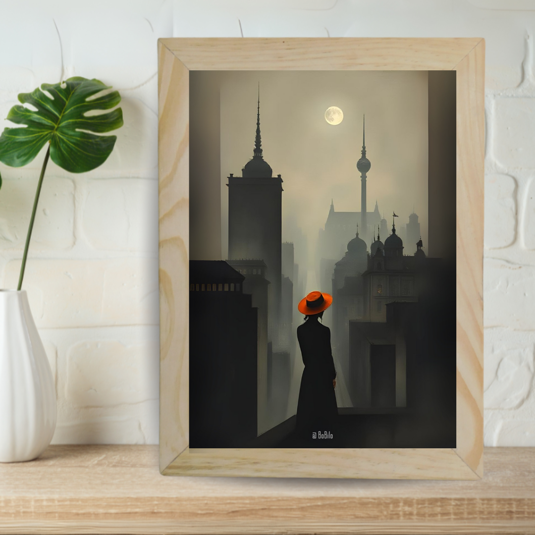 Woman with Red Hat Overlooking City Framed Art
