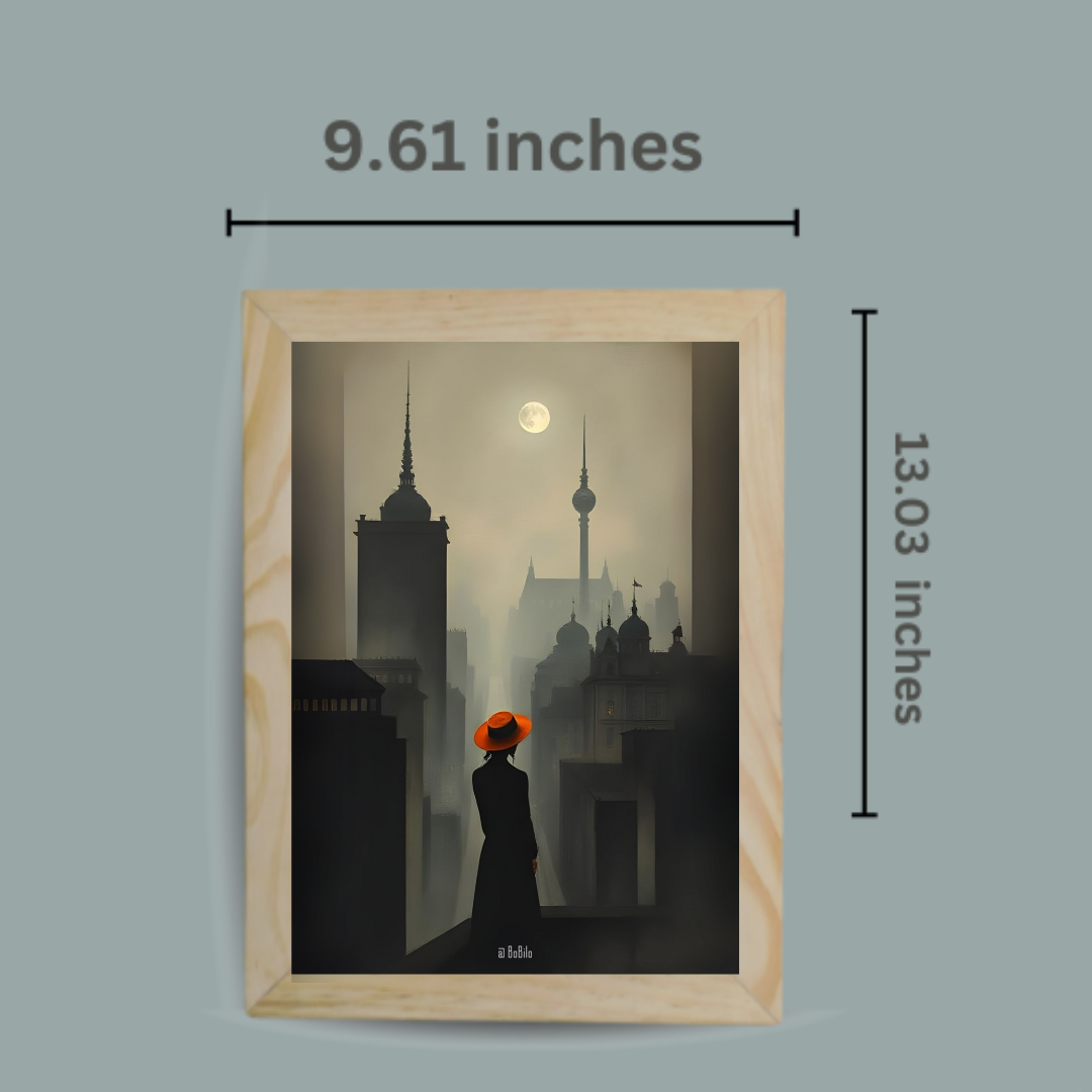 Woman with Red Hat Overlooking City Framed Art
