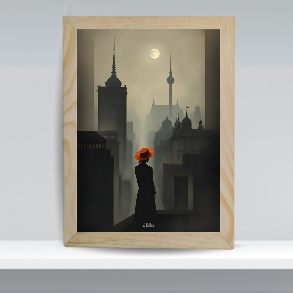 Woman with Red Hat Overlooking City Framed Art