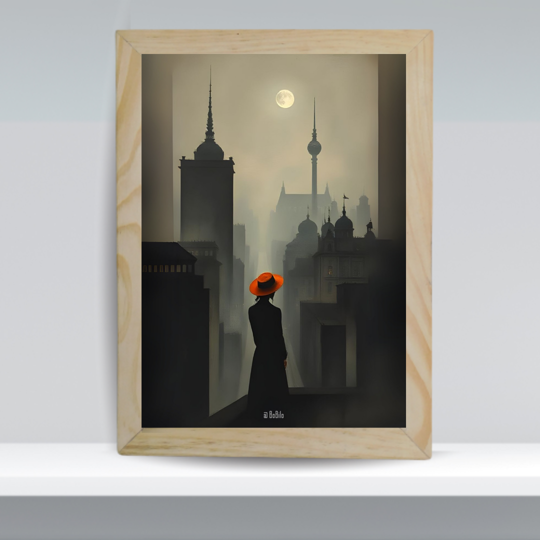 Woman with Red Hat Overlooking City Framed Art